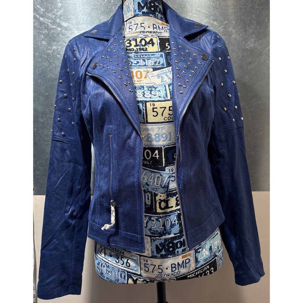 Motorcycle Jacket Faux Suede Studded Foiled Joseph Ribkoff Blue Fitted Baller S